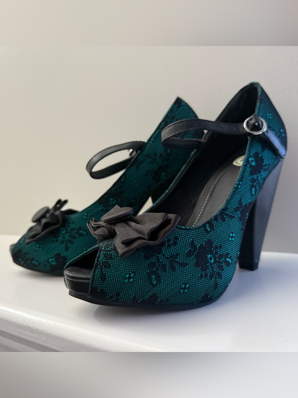 T.U.K Teal Lace Peep-Toe Heels with Black Bow